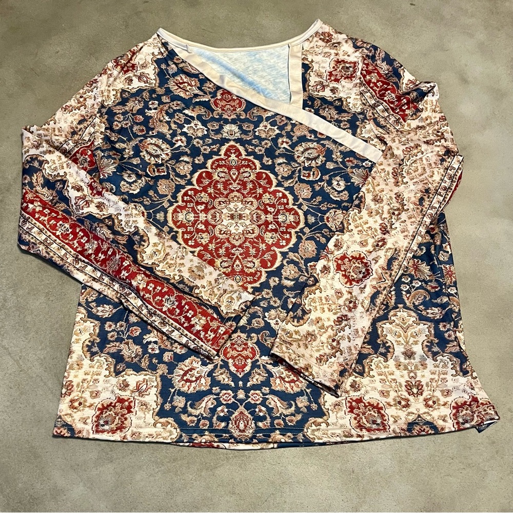 Boho Long Sleeve Top w/Deep Navy Rust Cream Mandala Floral Pattern